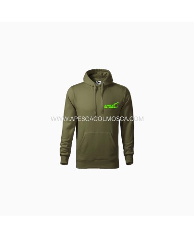 Felpa con cappuccio A pesca col Mosca con scritta Verde