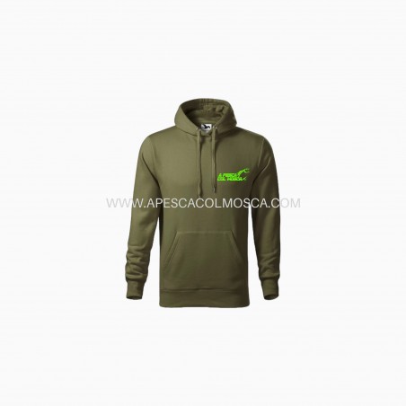 Felpa con cappuccio A pesca col Mosca con scritta Verde